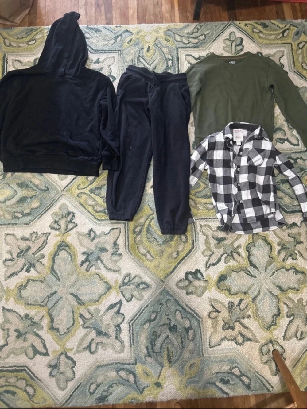 Black Hoodie and Jogger Set with Green Top and Buffalo check flannel